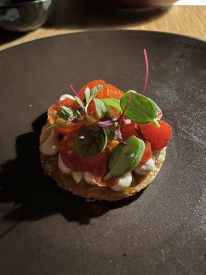 Tomato tart with black olive purée   at Yellow in Sydney
