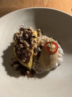 Burnt coconut ice cream on mango pudding and tapioca   at Yellow in Sydney