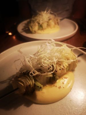 Sugarloaf Cabbage Skewer + Whipped Potato + Pickled Mustard Seeds at Yellow in Sydney