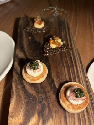 Buckwheat crumpet and smoked tomato+ linseed  at Yellow in Sydney