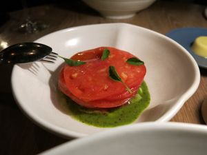  Heirloom Tomatoes + Grains of Paradise + Fresh Basil at Yellow in Sydney