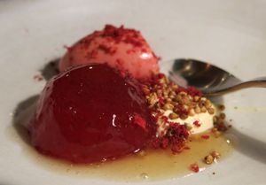 Blood Plum Sorbet + Toasted Buckwheat + Wattle Curd at Yellow in Sydney
