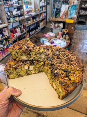 Freshly baked farinata 😋. Gram flour used - no egg! With mushrooms, leek, tofu and dulse. The best! at Sprout Health Foods in Newquay