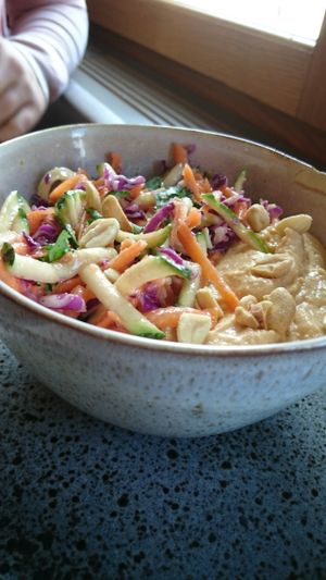 quinoa bowl with peanut hummus and vegetables at Wild Girls Deli in Geneva
