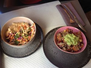 Quinoa bowl with a guacamole on top and a healthy pad thai style salad, all vegan of course ! at Wild Girls Deli in Geneva