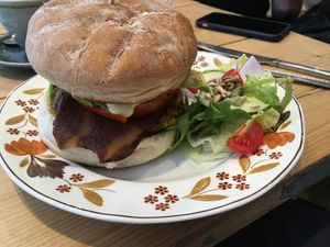 Muffin with tofu and vegan bacon at Green Kitchen in Brighton