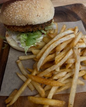 coconut portobello mushroom burger with fries  at Meskla Dos in Guam