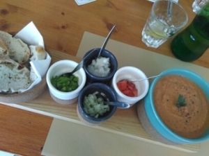 vegan gazpacho soup served in locally made pottery/cork bowls at Earth Shop and Cafe in Carvoeiro