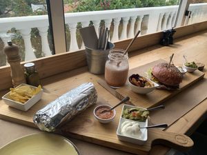 Veg burrito and red bean burger   at Earth Shop and Cafe in Carvoeiro