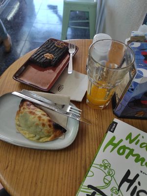Empanada and chocolate brownie, orange juice at Cecicafe in Fuerteventura