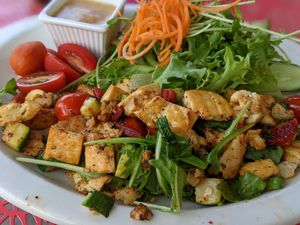 Tofu breakfast scramble with side salad and Dijon mustard dressing. at Pickle Jar Kitchen in Falmouth