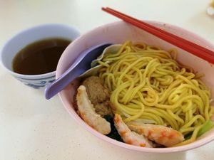 nice prawn noodles every Wednesday at Jixiang Vegetarian in West Singapore