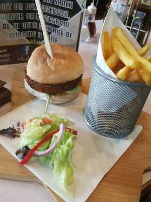 bean burger & chips at The Shack in Bude