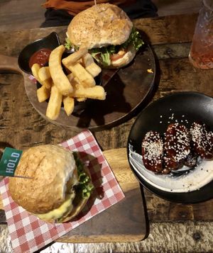 Plant Based (PB) Signature burger, PB chicken burger and PB chicken wings  at The Hold in Manly