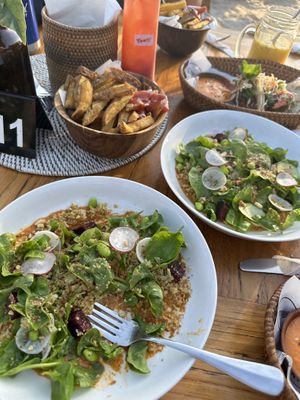 Cauliflower main (tastes like mush nothing) fries were ok, cocktails over priced   at Mowie's  in 