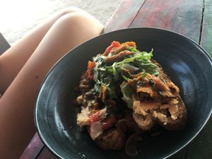 Hummus Toast, our favorite vegan food on the island! at Mowie's  in 