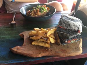 Beetred Paté, w/ fries, charcoal colored buns  at Mowie's  in 