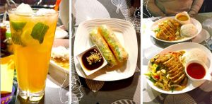 Lemonade, summer rolls, crispy mock chicken and cripsy mock duck (with a saté and a sweet and sour sauce)

Limonade, Sommerrollen, knuspriges "Hühnchen" und knusprige "Ente" (mit Erdnusssauce und süßsaurer Sauce) at Asia-Chay Vegan Cuisine in Bottrop