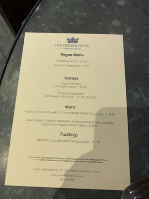 Vegan menu may 2021 at The Crown Hotel in Wells-next-the-sea