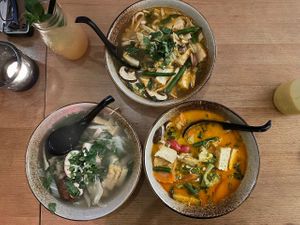 Clockwise from top: Cahn Udon, Pho Carry, Pho Chay at Hum Vegan Cuisine in Berlin