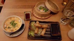 Coconut soup, spring rolls, dumplings at Hum Vegan Cuisine in Berlin