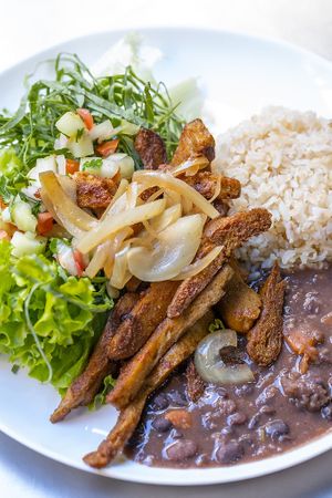 Seitan baits, brown rice, beans and salad. at SuBte Vegan in Sao Paulo