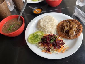 Good lunch: burger patty, rice, salad and beans.  at SuBte Vegan in Sao Paulo