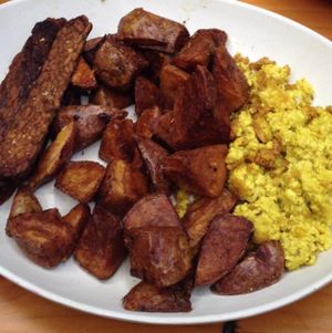 Breakfast from Next Level. Tofu scramble, potatoes and tempeh bacon.  at Next Level Burger - Lake Oswego in Lake Oswego