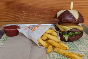 Smoky Mountain BBQ Burger and fries at Next Level Burger - Lake Oswego in Lake Oswego