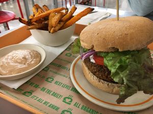 Bleu Burger and sweet potato fries at Next Level Burger - Lake Oswego in Lake Oswego