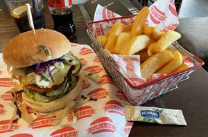 The classic vegan burger with chunky chips. The chips could easily be for two people    at Steak Cattle & Roll - Sauchiehall St in Glasgow