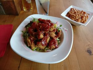 Vegan chicken salad and BBQ coca-cola beans at Steak Cattle & Roll - Sauchiehall St in Glasgow
