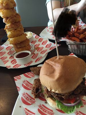 Vegan chicken burger, sweet potato fries and onion rings at Steak Cattle & Roll - Sauchiehall St in Glasgow