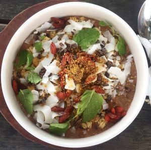 Cacao dreams smoothie bowl (w/extras) at The Shady Shack in Canggu
