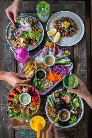 Nachos, gnocchi, rice roll ups, Haloumi bowl, Nori Bowl  at The Shady Shack in Canggu