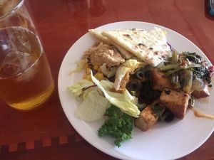 Buffet: Hummus, Green Salad with Asian Dressing, Mixed Vegetable Stir-fry and Naan bread at Everest Kitchen in Saipan