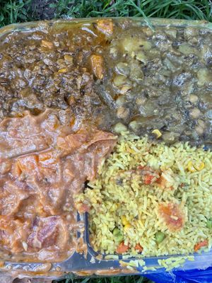 4 choice combo- soy stew, chickpea and potato curry, peanut stew, fried rice  at Zionly Manna in South East London