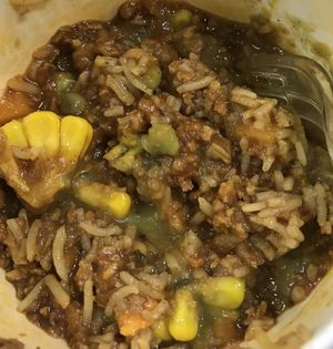 Rice, spicy soya and corn, mushy vegetable curry at Zionly Manna in South East London