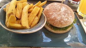 Burger and fries at Hans im Glück in Mainz