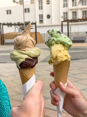 Hazelnut, pistachio and dark chocolate plus After Eight, mango and passion fruit. 3 euro each    at Heladeria La Nativa in Fuerteventura