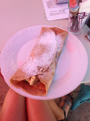 Sweet pancake for dessert - with typical Fuerteventura corn ice cream and cherry ice cream. at Heladeria La Nativa in Fuerteventura