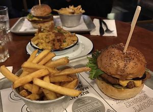 2 seitan burgers and a side of mac'n'cheese  at The Deaf Institute Bar and Kitchen in Manchester
