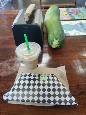 Vegan wrap, mango java, and a huge zucchini! at Country Organics in Redding
