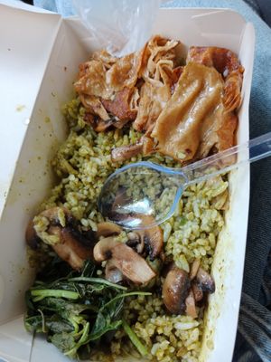 Green Rice (basil rice, spinach, mushroom, fried tofu skin) at LN Fortunate Coffee - Duta Mas in Jakarta
