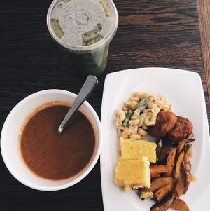 Best vegan breakfast ft. quinoa fritters, polenta, oven baked potato strips and vegan Mac, cheese with asparagus, gazpacho and smoothie!  at Great Bistro in Budapest