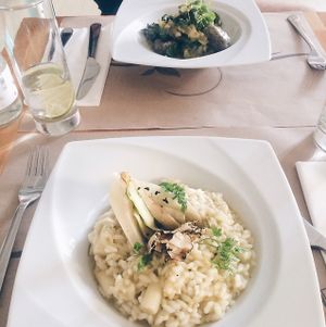 Asparagus and truffle risotto and purple gnocchi!  at Great Bistro in Budapest