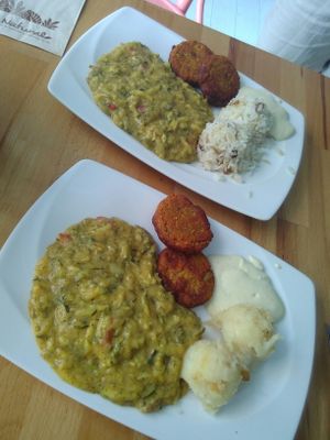 Creamy zucchini stew with veggie fritters  at Great Bistro in Budapest