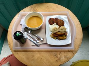 Soup, aubergine fritters, quinoa & potatoes  at Great Bistro in Budapest