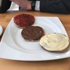 Pancakes (one with strawberry jam, one with vegan nutella and one with vanilla creme)  at Great Bistro in Budapest