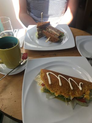 Club sandwich and chickpea omelette! at Great Bistro in Budapest